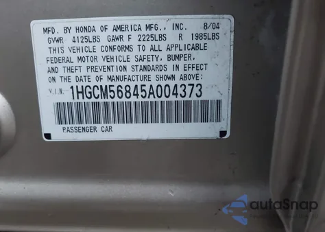 2005 Honda Accord 2.4 Ex z USA, uszkodzony, nr VIN 1HGCM56845A004373